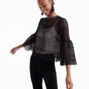 J Crew Black Daisy Lace Top with bell sleeves and cami - Size 8